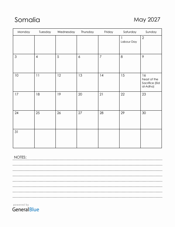 May 2027 Somalia Calendar with Holidays (Monday Start)