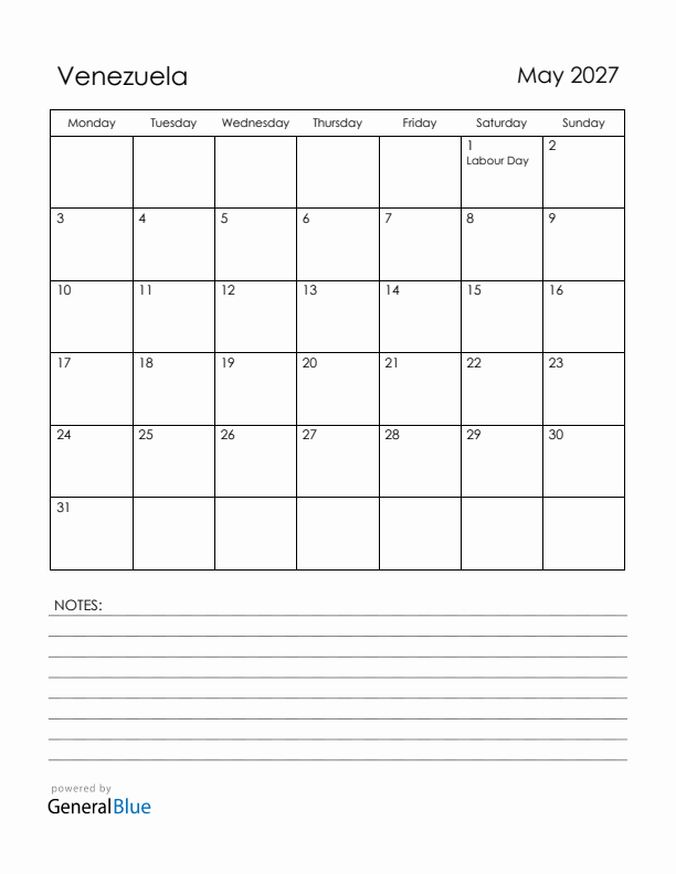 May 2027 Venezuela Calendar with Holidays (Monday Start)