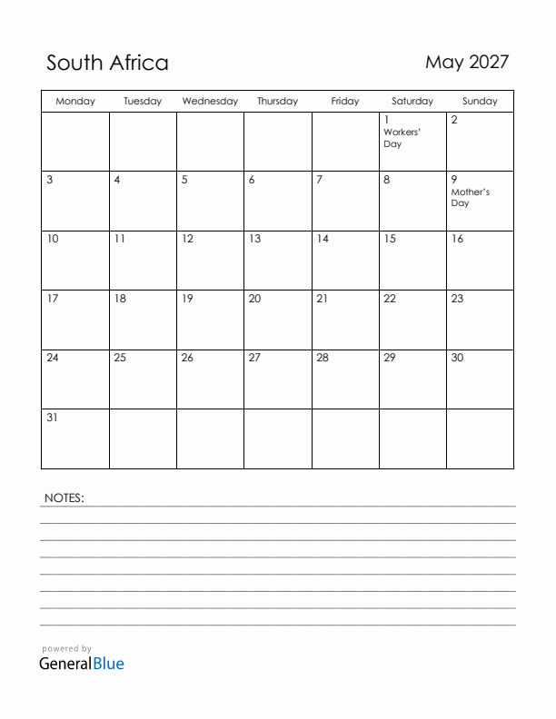 May 2027 South Africa Calendar with Holidays (Monday Start)