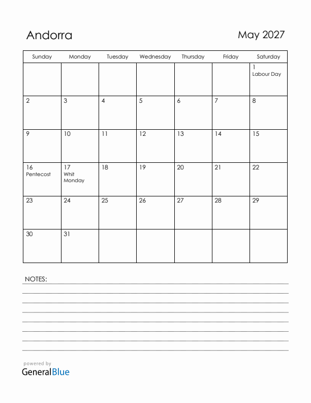 May 2027 Andorra Calendar with Holidays (Sunday Start)