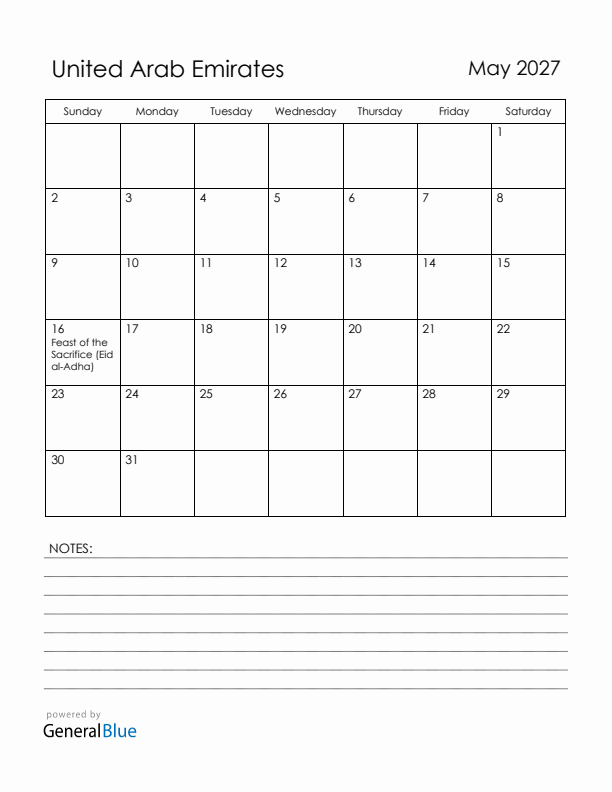 May 2027 United Arab Emirates Calendar with Holidays (Sunday Start)