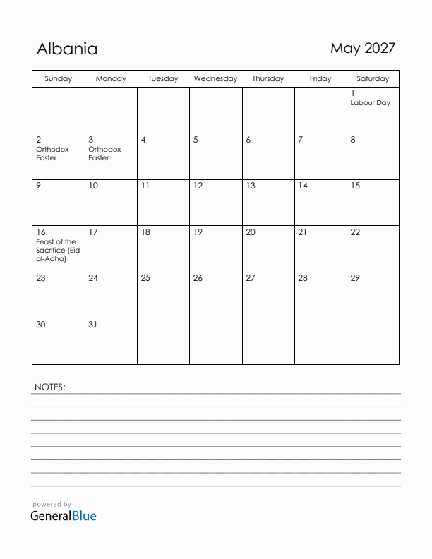 May 2027 Albania Calendar with Holidays (Sunday Start)