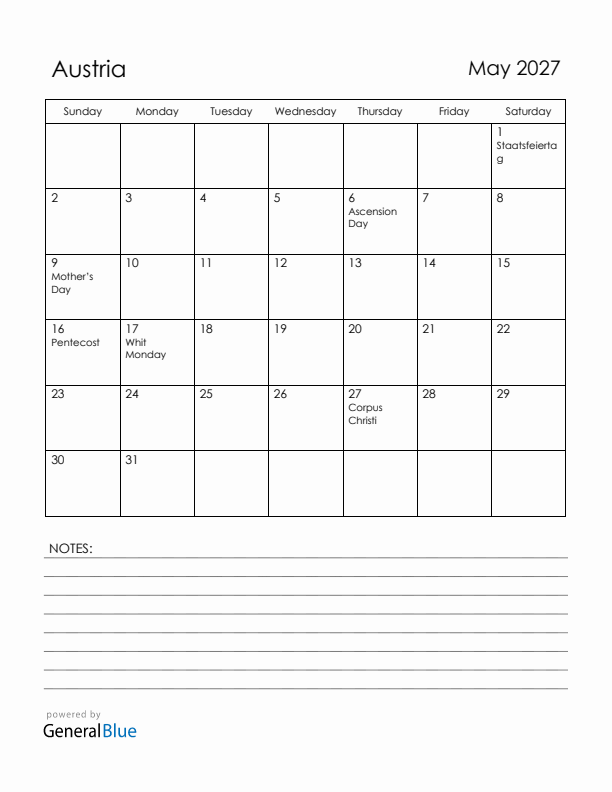 May 2027 Austria Calendar with Holidays (Sunday Start)