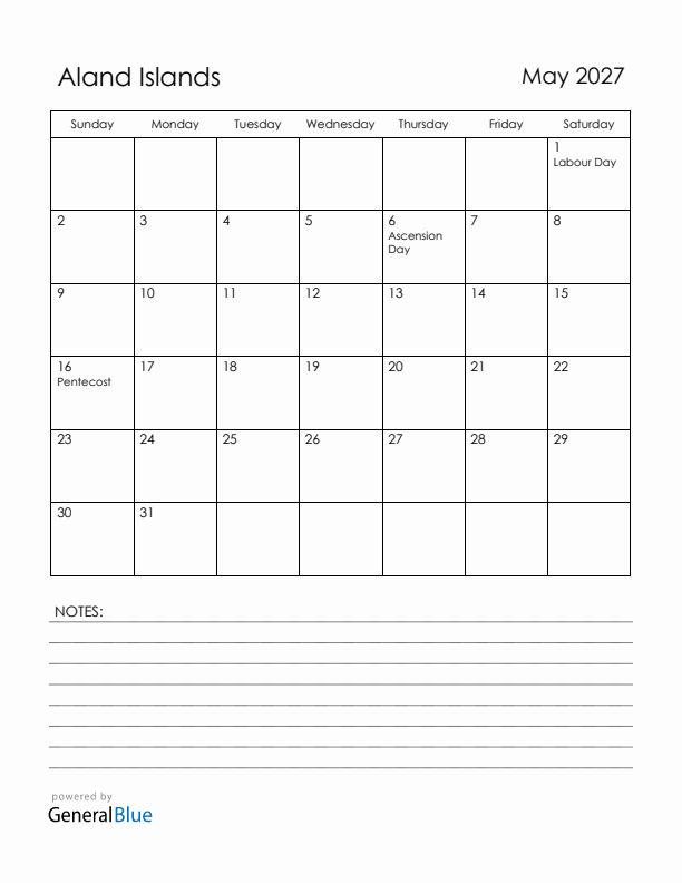 May 2027 Aland Islands Calendar with Holidays (Sunday Start)