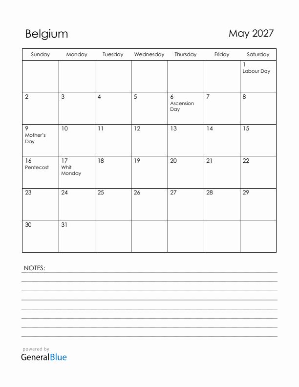 May 2027 Belgium Calendar with Holidays (Sunday Start)