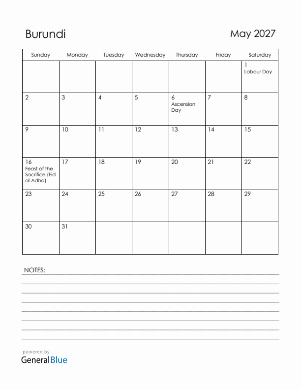 May 2027 Burundi Calendar with Holidays (Sunday Start)
