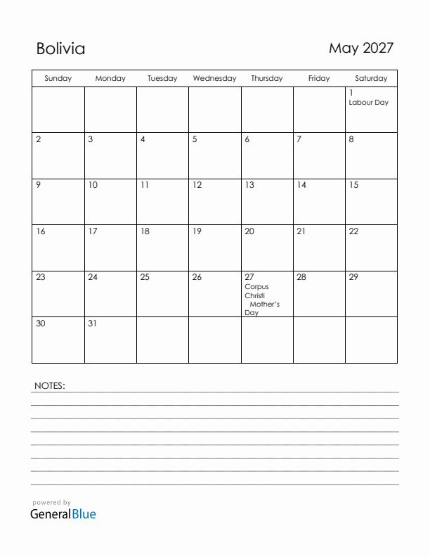 May 2027 Bolivia Calendar with Holidays (Sunday Start)