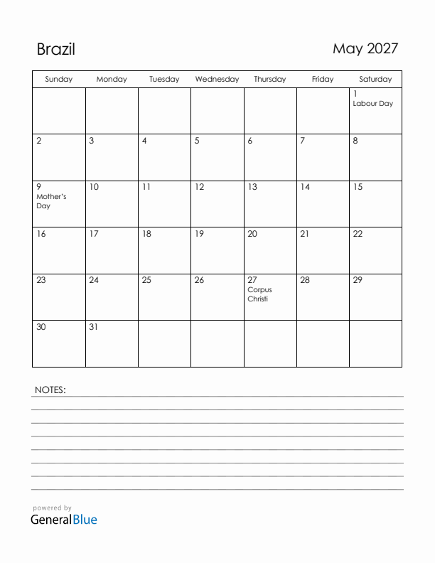 May 2027 Brazil Calendar with Holidays (Sunday Start)