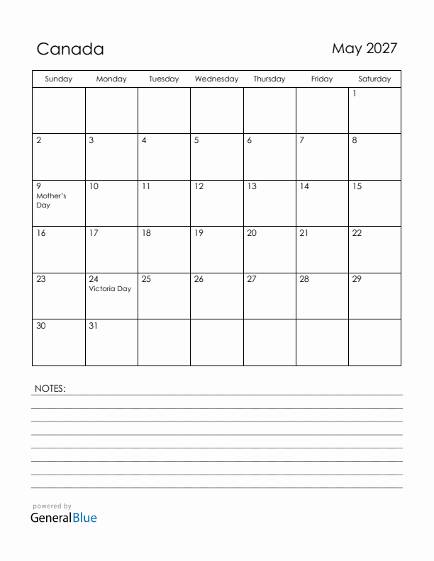 May 2027 Canada Calendar with Holidays (Sunday Start)