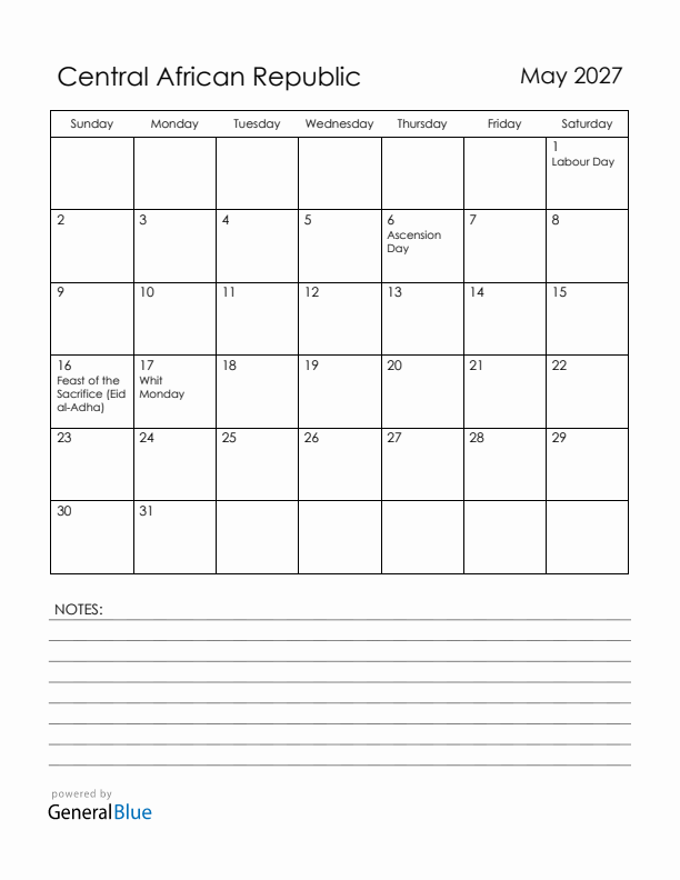 May 2027 Central African Republic Calendar with Holidays (Sunday Start)