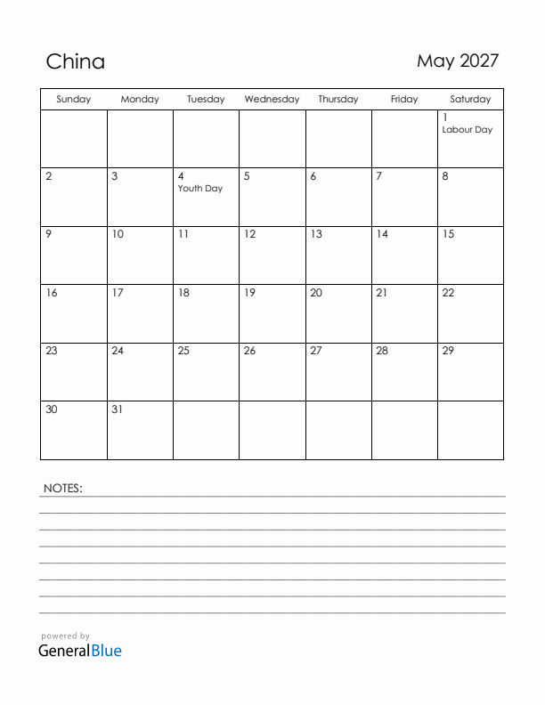 May 2027 China Calendar with Holidays (Sunday Start)