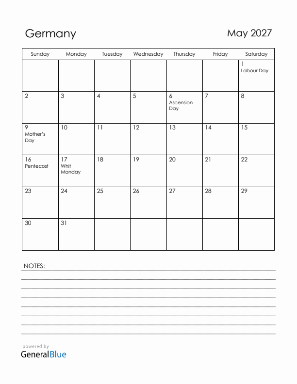 May 2027 Germany Calendar with Holidays (Sunday Start)