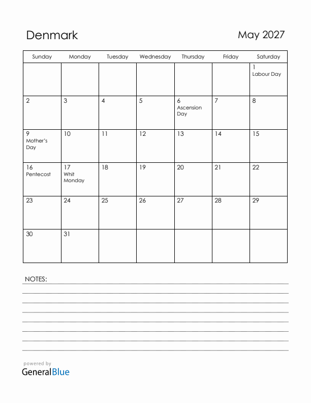 May 2027 Denmark Calendar with Holidays (Sunday Start)