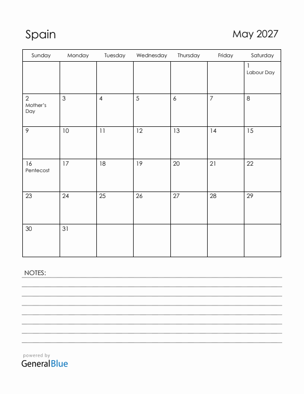 May 2027 Spain Calendar with Holidays (Sunday Start)