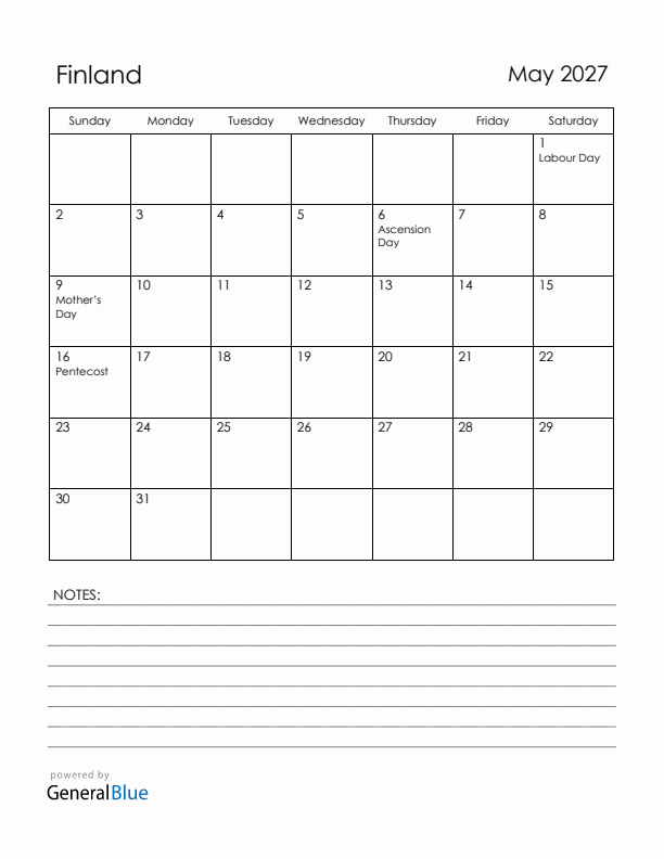 May 2027 Finland Calendar with Holidays (Sunday Start)