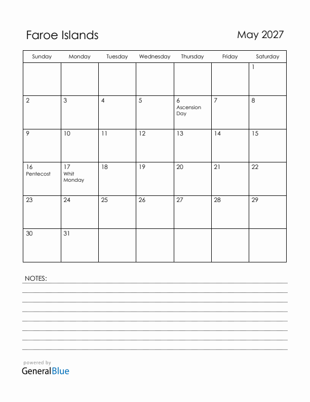 May 2027 Faroe Islands Calendar with Holidays (Sunday Start)