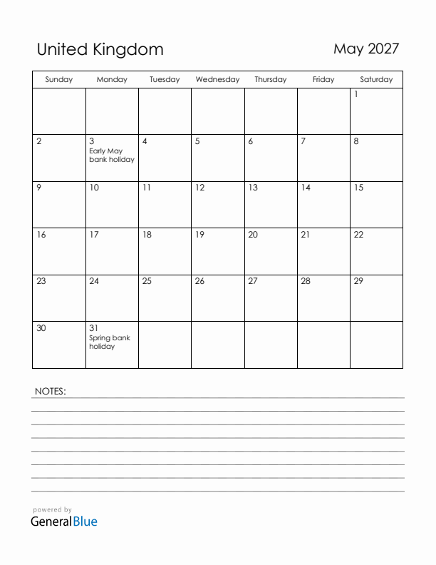 May 2027 United Kingdom Calendar with Holidays (Sunday Start)