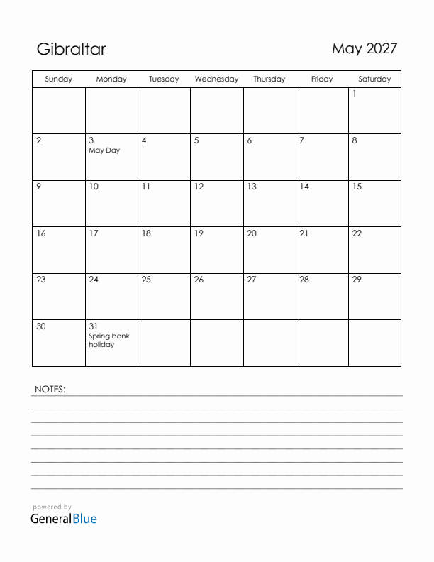 May 2027 Gibraltar Calendar with Holidays (Sunday Start)