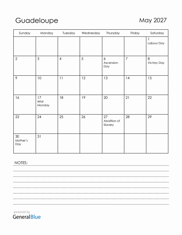 May 2027 Guadeloupe Calendar with Holidays (Sunday Start)