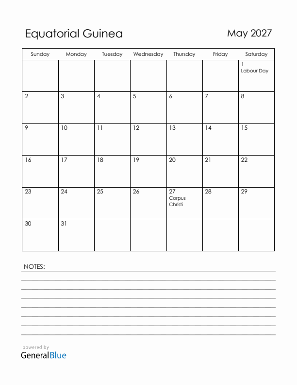 May 2027 Equatorial Guinea Calendar with Holidays (Sunday Start)