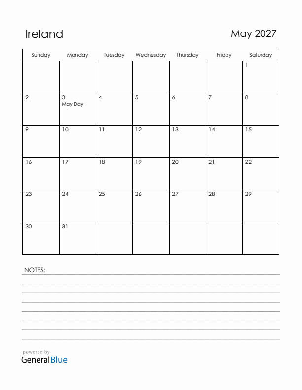 May 2027 Ireland Calendar with Holidays (Sunday Start)