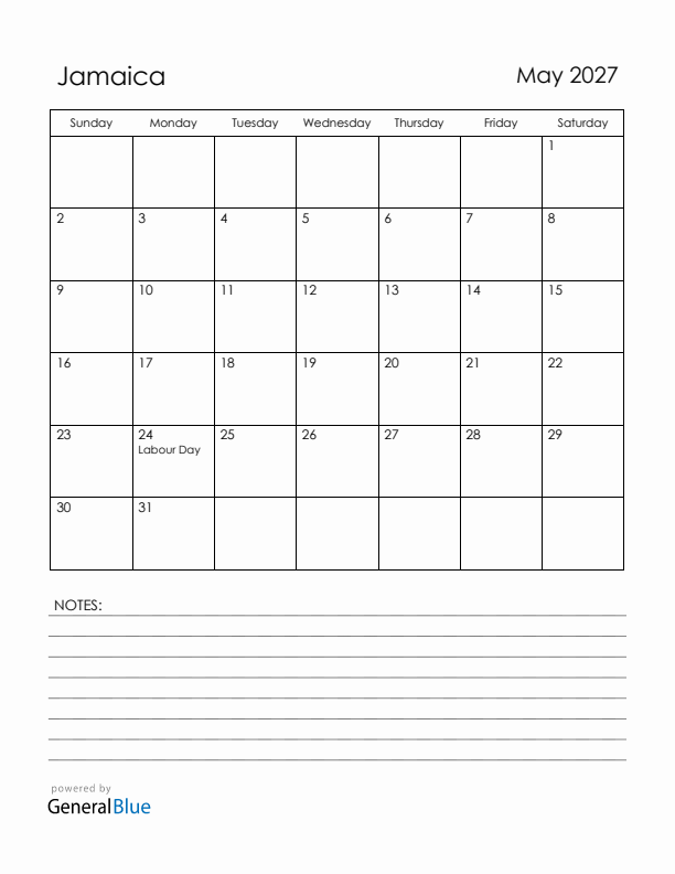 May 2027 Jamaica Calendar with Holidays (Sunday Start)