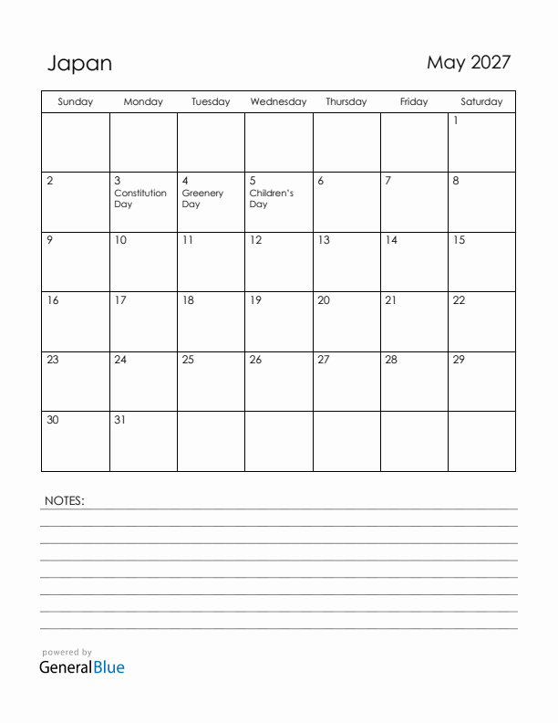 May 2027 Japan Calendar with Holidays (Sunday Start)