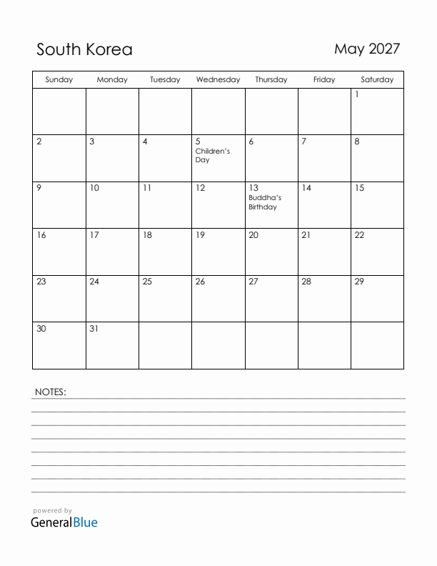 May 2027 South Korea Calendar with Holidays (Sunday Start)