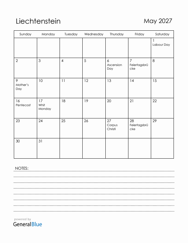 May 2027 Liechtenstein Calendar with Holidays (Sunday Start)