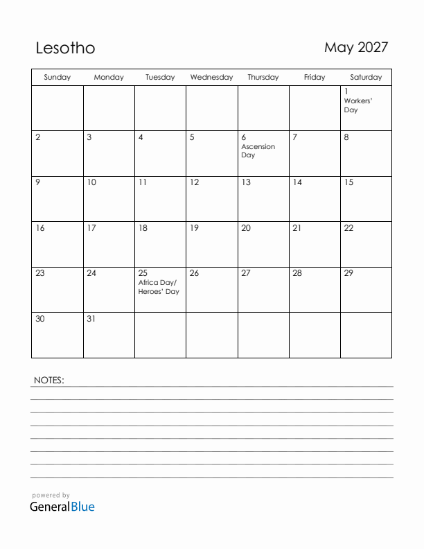 May 2027 Lesotho Calendar with Holidays (Sunday Start)