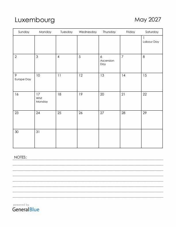 May 2027 Luxembourg Calendar with Holidays (Sunday Start)