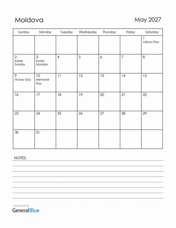 May 2027 Moldova Calendar with Holidays (Sunday Start)