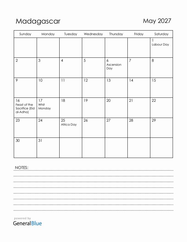May 2027 Madagascar Calendar with Holidays (Sunday Start)
