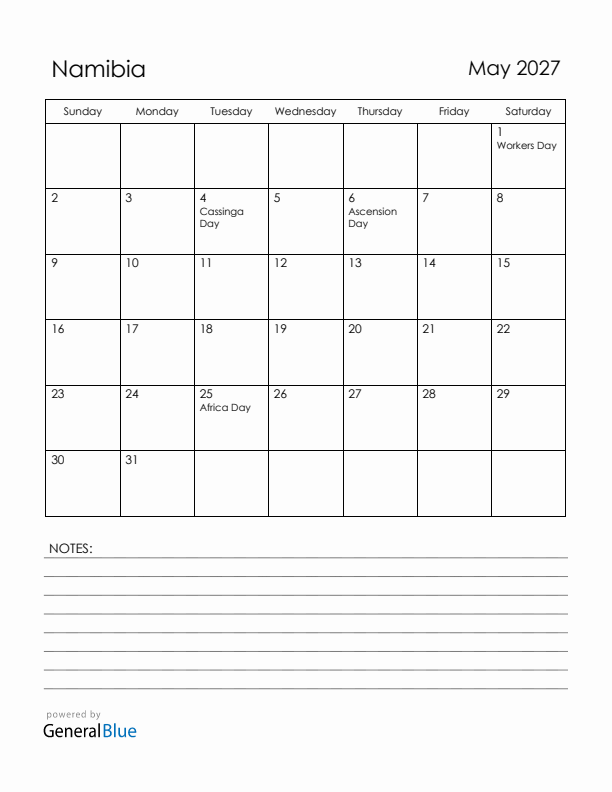 May 2027 Namibia Calendar with Holidays (Sunday Start)