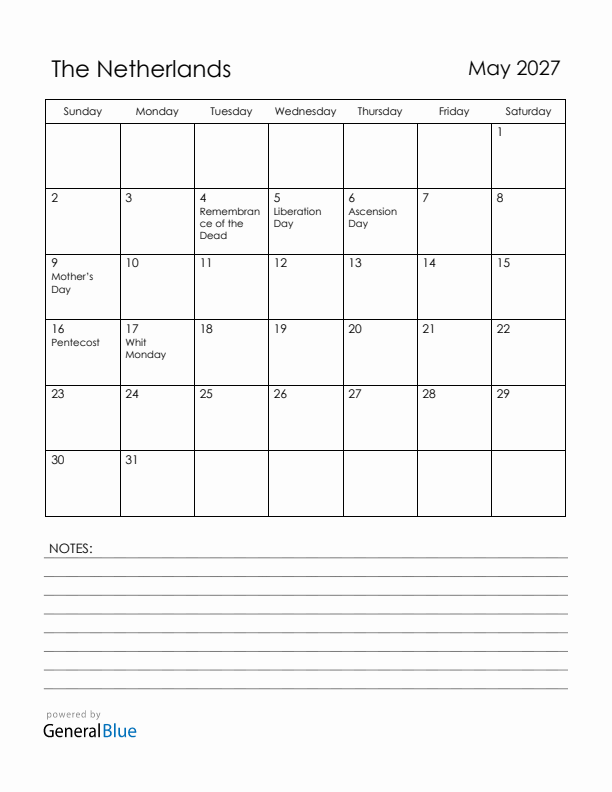 May 2027 The Netherlands Calendar with Holidays (Sunday Start)