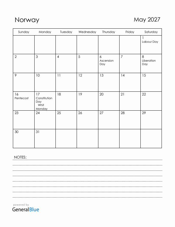 May 2027 Norway Calendar with Holidays (Sunday Start)