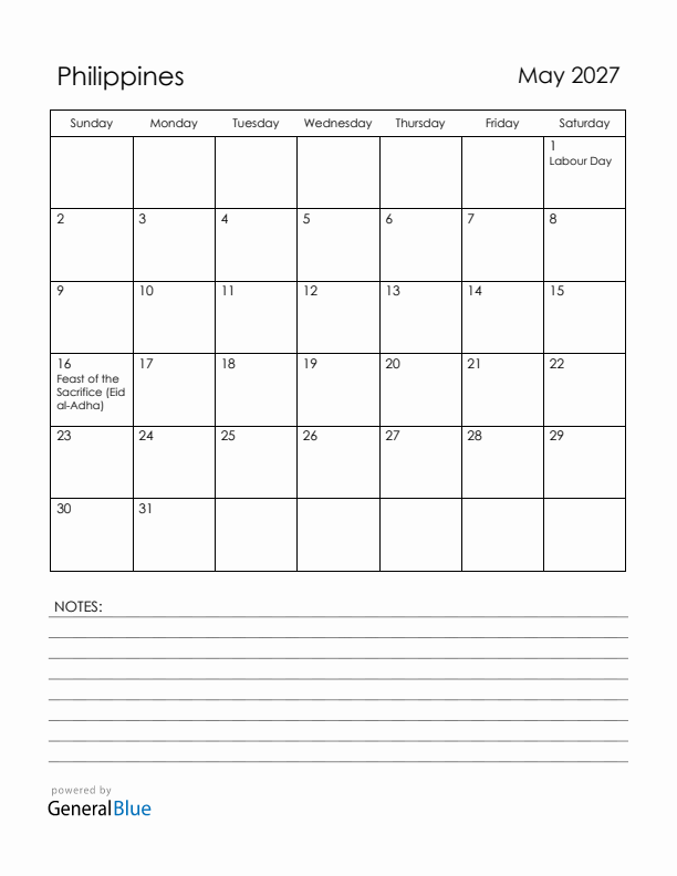 May 2027 Philippines Calendar with Holidays (Sunday Start)