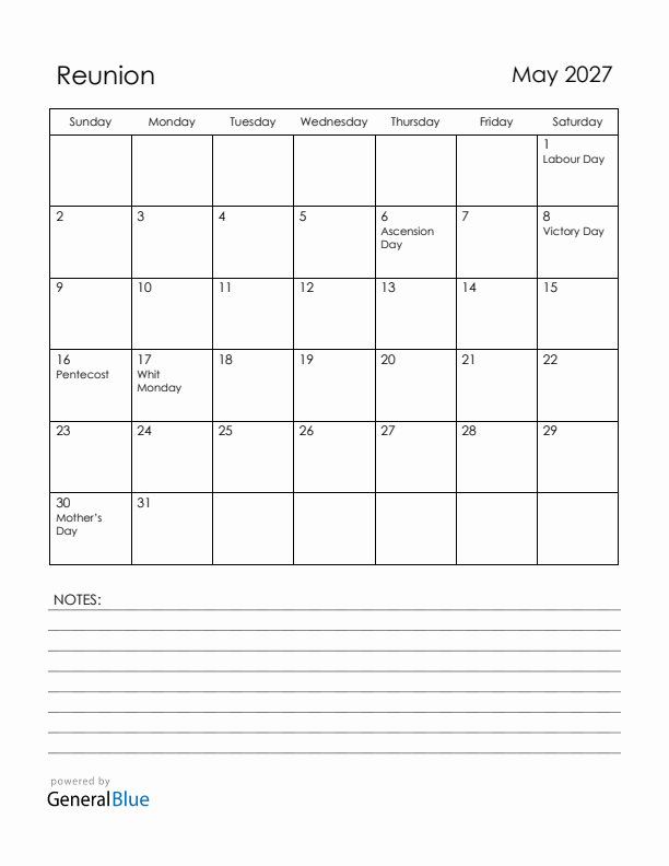 May 2027 Reunion Calendar with Holidays (Sunday Start)