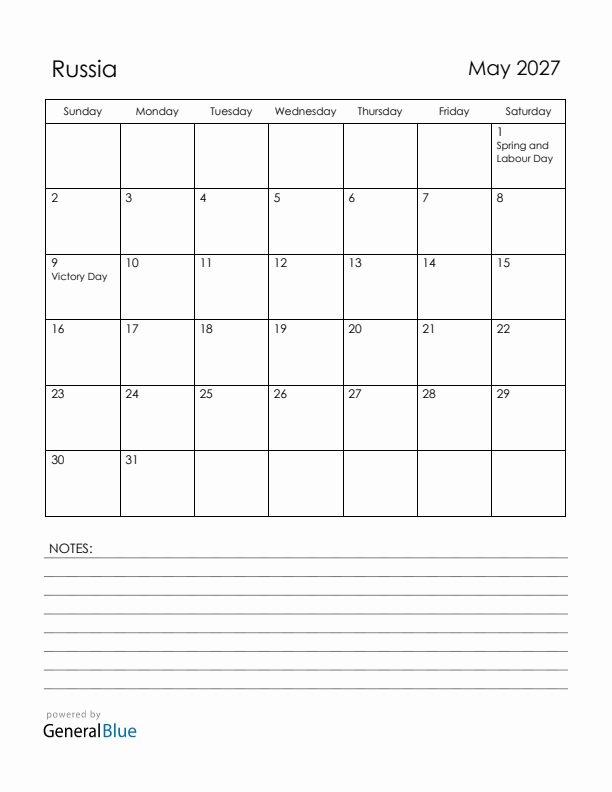 May 2027 Russia Calendar with Holidays (Sunday Start)