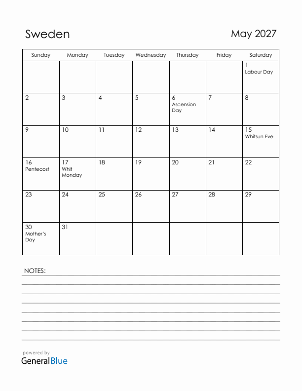 May 2027 Sweden Calendar with Holidays (Sunday Start)