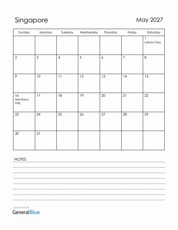 May 2027 Singapore Calendar with Holidays (Sunday Start)