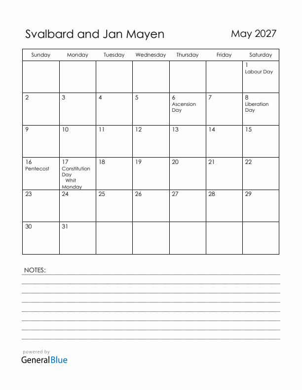 May 2027 Svalbard and Jan Mayen Calendar with Holidays (Sunday Start)