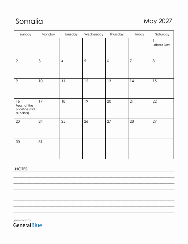 May 2027 Somalia Calendar with Holidays (Sunday Start)