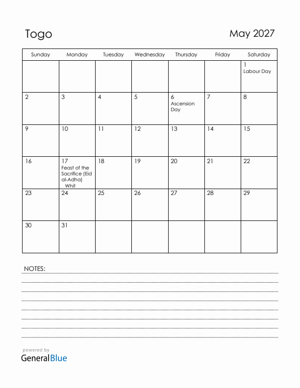 May 2027 Togo Calendar with Holidays (Sunday Start)