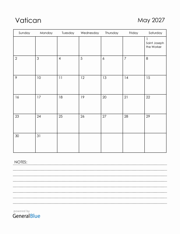 May 2027 Vatican Calendar with Holidays (Sunday Start)