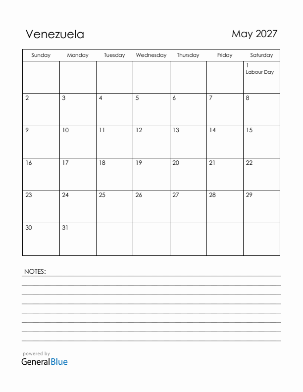May 2027 Venezuela Calendar with Holidays (Sunday Start)