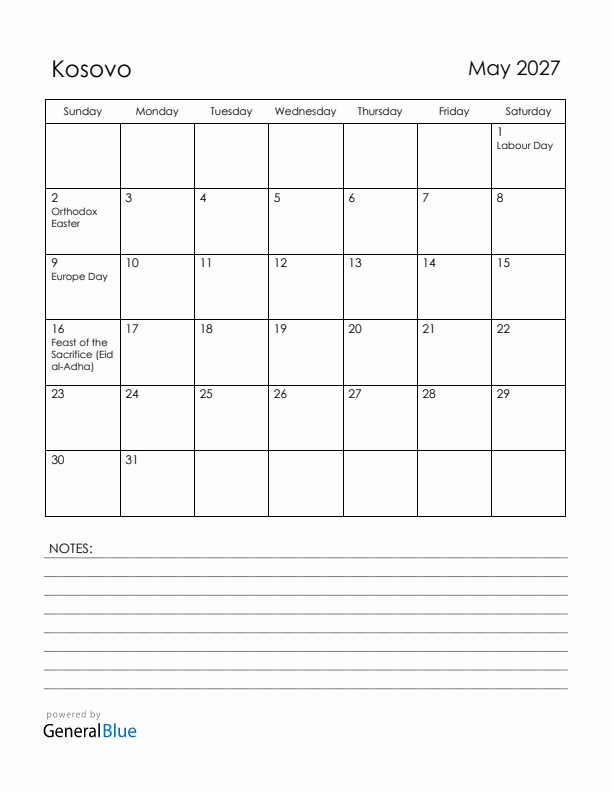 May 2027 Kosovo Calendar with Holidays (Sunday Start)