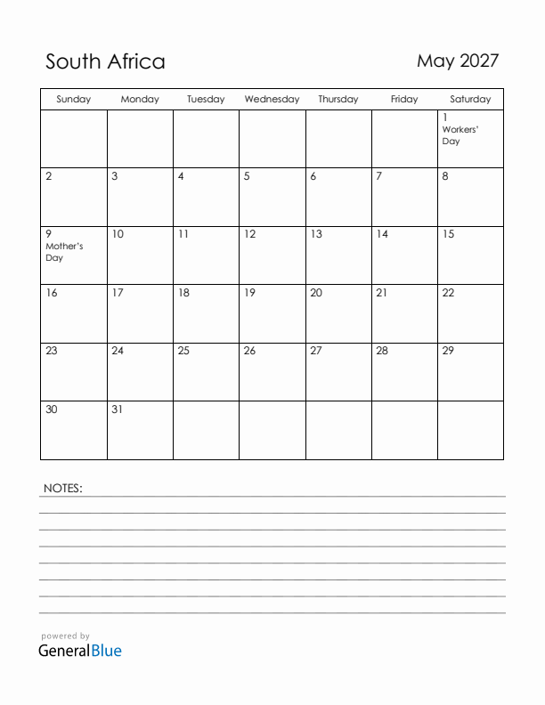 May 2027 South Africa Calendar with Holidays (Sunday Start)