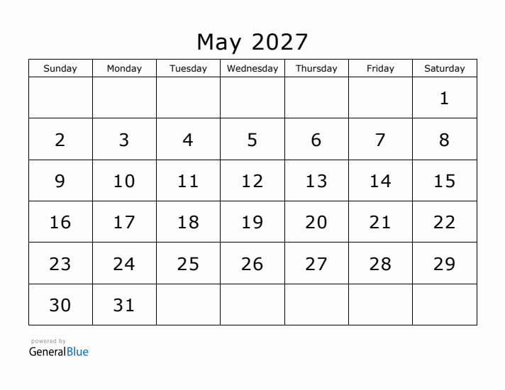 Printable May 2027 Calendar - Sunday Start