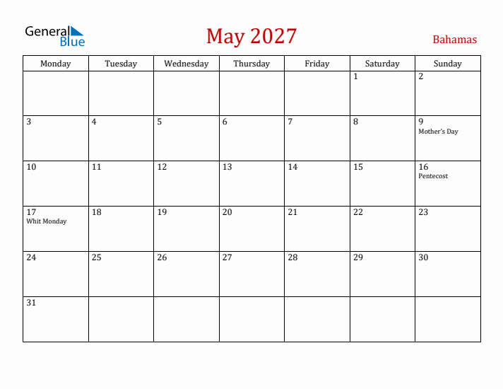 Bahamas May 2027 Calendar - Monday Start